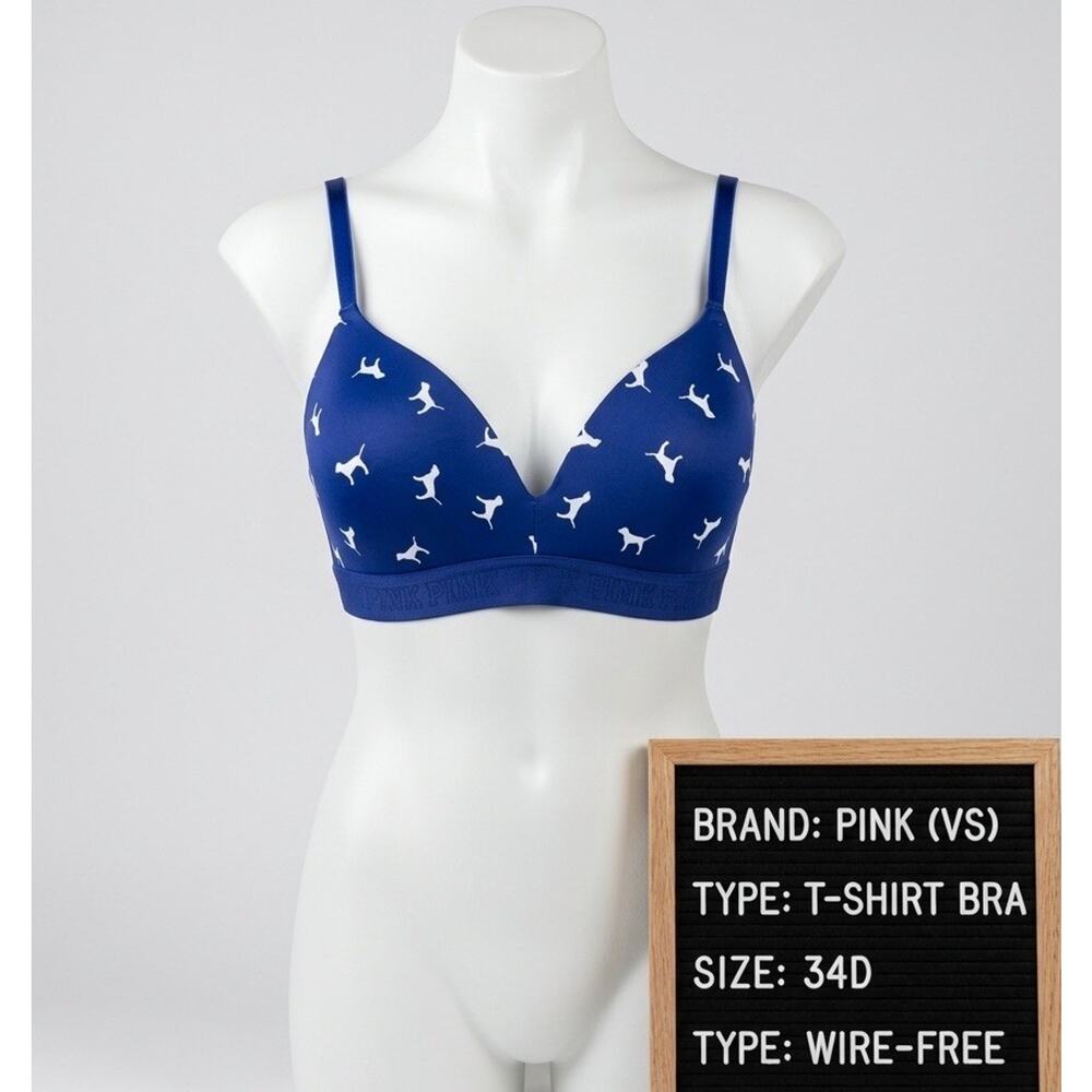 PINK Victoria's Secret 34D Bra Royal Blue White Dogs Wear Everywhere T-Shirt